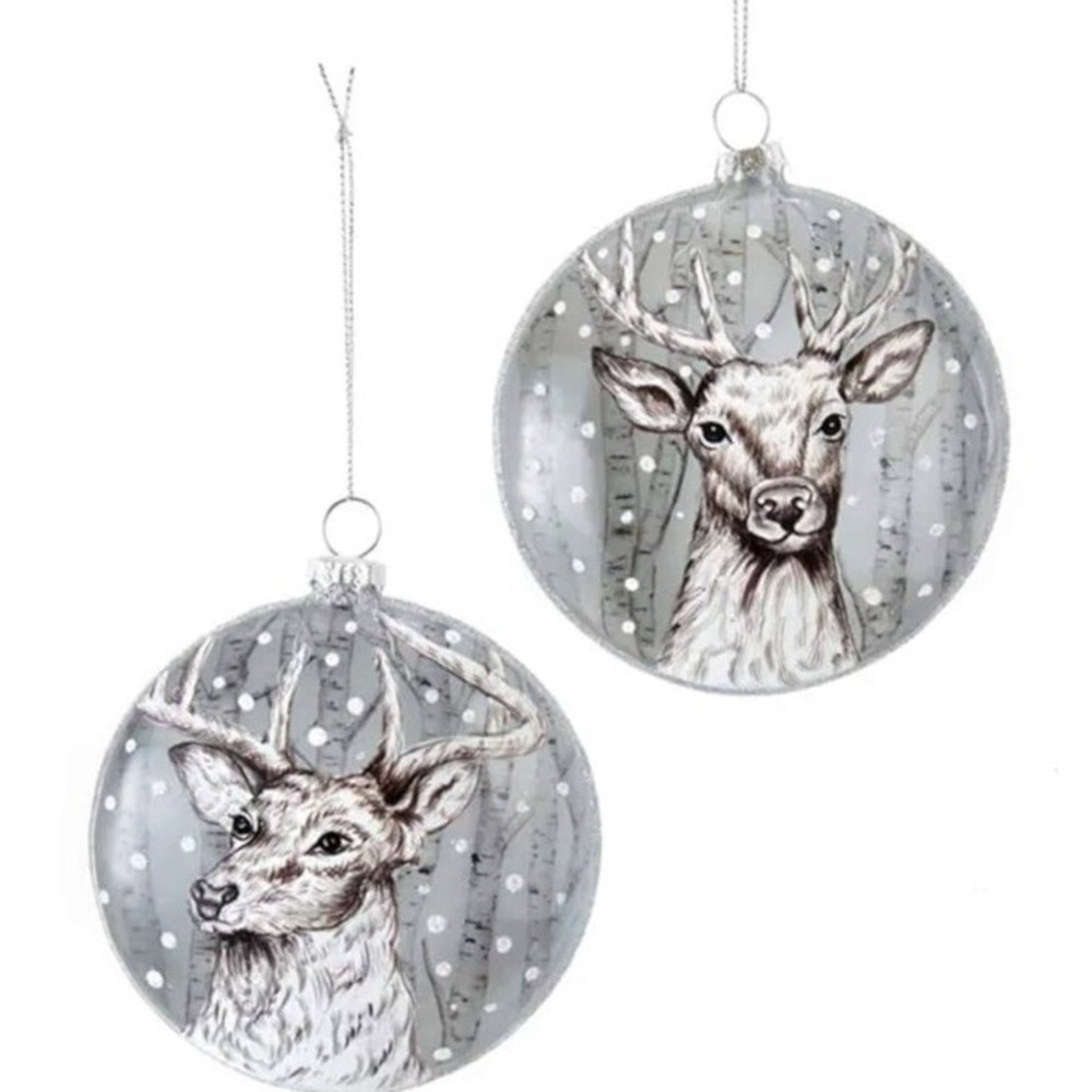Merry Christmas Deer Scene‎ Disc Glass Ornaments Silver Snow Woods Kurt Adler